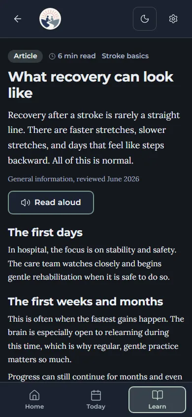 An article in the app, What recovery can look like, with a Read aloud button