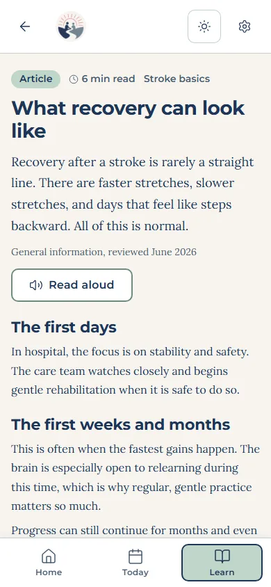 An article in the app, What recovery can look like, with a Read aloud button