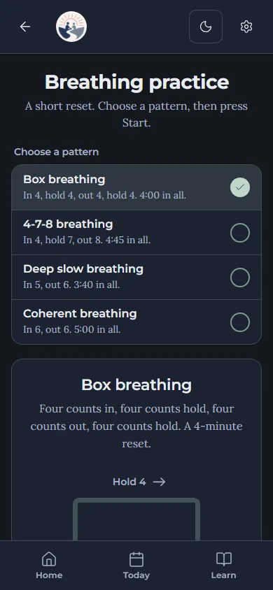 Breathing practice in the app: four breathing patterns to choose from, then a guided count