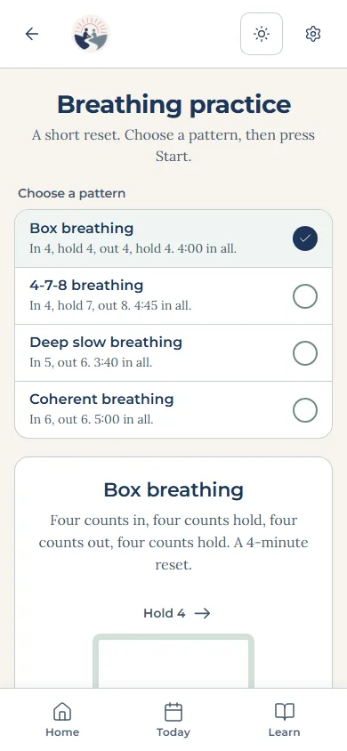 Breathing practice in the app: four breathing patterns to choose from, then a guided count