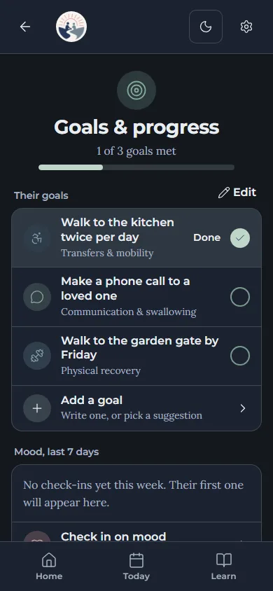 Goals and progress in the app: their goals, one marked done, and Add a goal