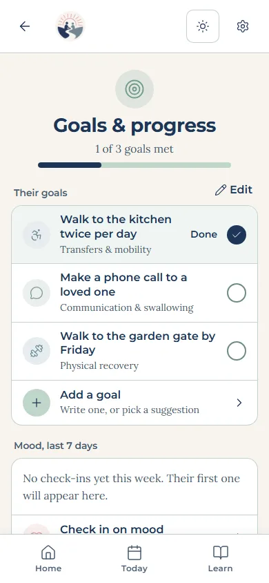 Goals and progress in the app: their goals, one marked done, and Add a goal