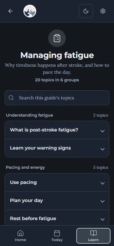 A guide in the app: Managing fatigue, its topics in groups, with a search