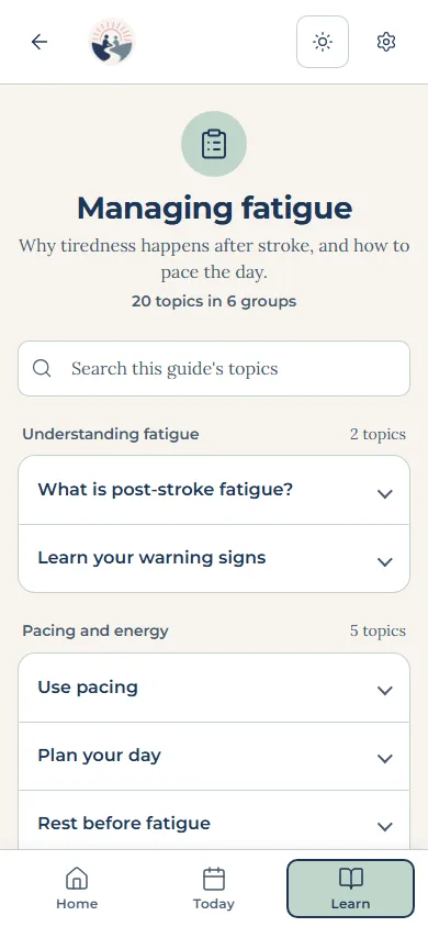 A guide in the app: Managing fatigue, its topics in groups, with a search