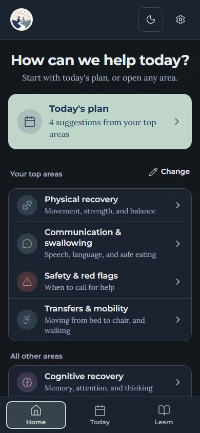 The StrokePath app's home screen: today's plan, then their top care areas