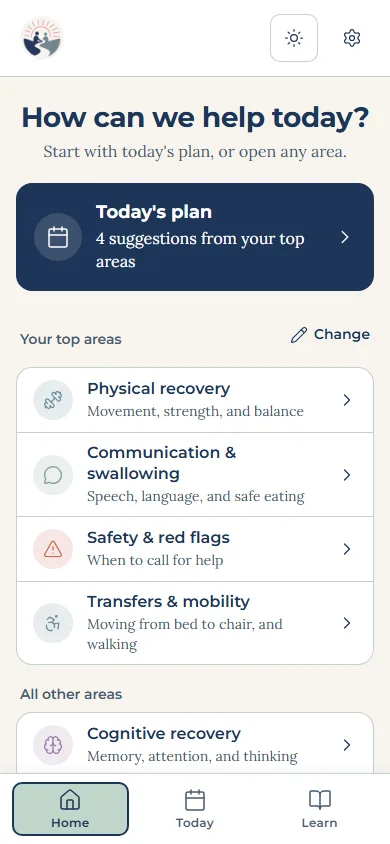 The StrokePath app's home screen: today's plan, then their top care areas