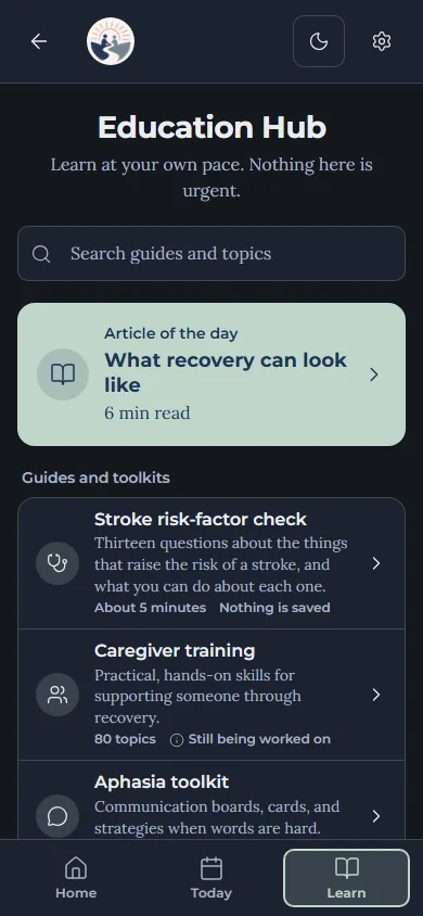 The Education Hub in the app: the article of the day, then the guides and toolkits