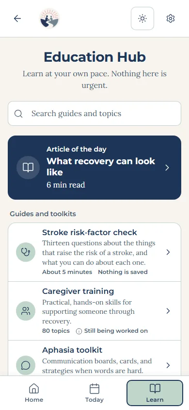 The Education Hub in the app: the article of the day, then the guides and toolkits
