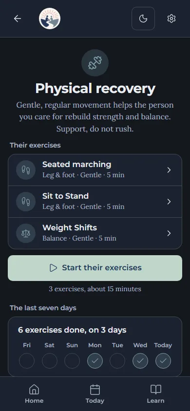 A care area in the app: Physical recovery, with their exercises and Start their exercises