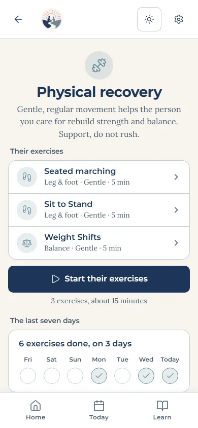 A care area in the app: Physical recovery, with their exercises and Start their exercises