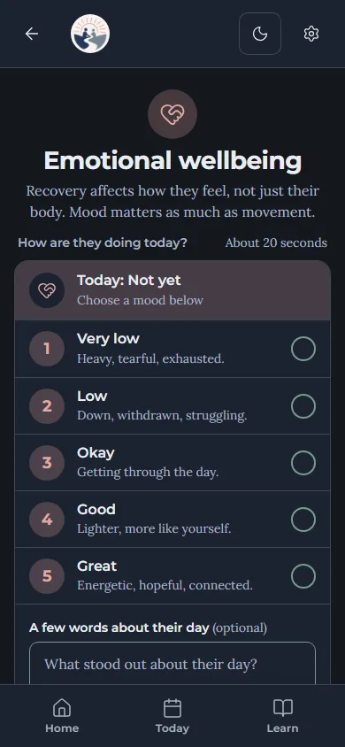 Emotional wellbeing in the app: how they are doing today, from very low to great